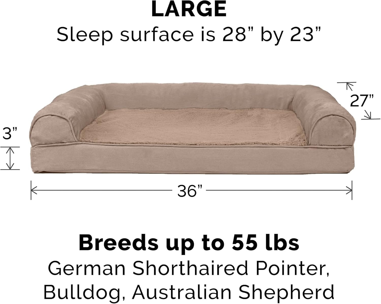 Orthopedic Dog Bed for Large/Medium Dogs W/ Removable Bolsters & Washable Cover, for Dogs up to 55 Lbs - Plush & Suede Sofa - Almondine, Large